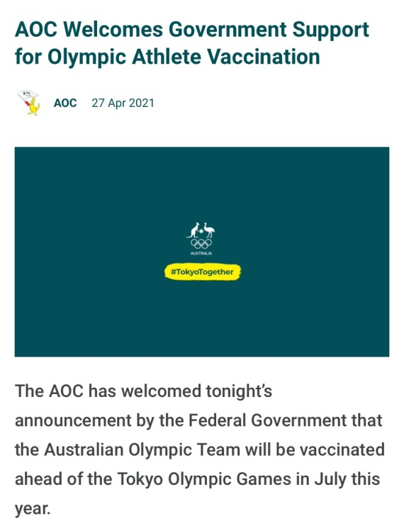 Komite Olimpiade Australia (Australian Olympic Committee/AOC) menyambut baik keputusan pemerintah federal untuk memberikan akses prioritas vaksin virus corona kepada para atlet Olimpiade dan Paralimpiade Tokyo 2020.