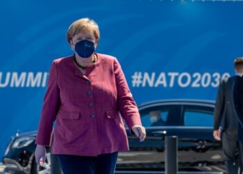 Kanselir Jerman Angela Merkel tiba untuk menghadiri konferensi tingkat tinggi (KTT) NATO di kantor pusat NATO di Brussel, Belgia, pada 14 Juni 2021. (Xinhua/NATO)