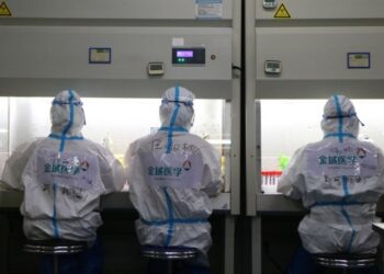 Sejumlah tenaga kesehatan bekerja di sebuah laboratorium tes asam nukleat COVID-19 di Zhengzhou, ibu kota Provinsi Henan, China tengah, pada 11 Agustus 2021. (Xinhua/Xu Yanan)
