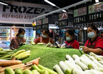 Para staf menata sayuran di sebuah pasar swalayan di Kota Ruili, Provinsi Yunnan, China barat daya, pada 7 Juli 2021. (Xinhua/Wang Guansen)