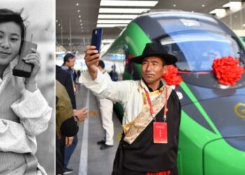 Foto kombo bagian kiri yang diabadikan oleh Tudain memperlihatkan Lhazhoen, seorang wanita pengusaha, berbicara dengan klien melalui telepon genggam pada 1994, dan foto bagian kanan yang diabadikan oleh Jigme Dorje pada 25 Juni 2021 menunjukkan seorang penumpang berswafoto dengan kereta peluru Fuxing di jalur kereta Lhasa-Nyingchi, Daerah Otonom Tibet, China barat daya. (Xinhua)
