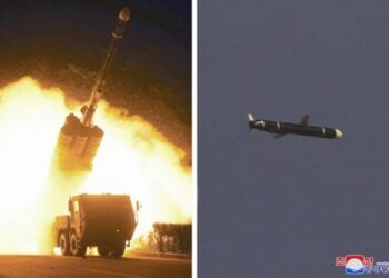Foto kombo yang disediakan oleh Korean Central News Agency (KCNA) pada 13 September 2021 ini menunjukkan uji coba peluncuran rudal jelajah jarak jauh di Republik Rakyat Demokratik Korea (RRDK) masing-masing pada 11 dan 12 September. (Xinhua/KCNA)