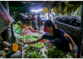 Seorang wanita yang mengenakan masker terlihat di sebuah kios buah dan sayuran di Quezon City, Filipina, pada 6 September 2021. (Xinhua/Rouelle Umali)