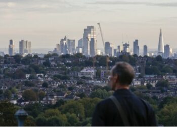 Seorang pria memandang ke arah kota dari sebuah dataran tinggi di London, Inggris, pada 17 Oktober 2021. (Xinhua/Han Yan)      