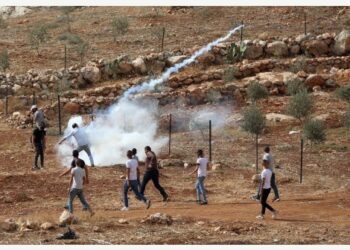 Seorang pengunjuk rasa Palestina melempar balik kaleng gas air mata yang ditembakkan oleh tentara Israel saat aksi protes menentang perluasan permukiman Yahudi di Desa Beit Dajan, sebelah timur Kota Nablus, Tepi Barat, pada 29 Oktober 2021. (Xinhua/Ayman Nobani)
