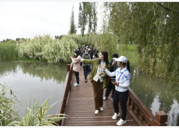 Para wartawan mengunjungi Lahan Basah Semenanjung Baofeng di Kunming, Provinsi Yunnan, China barat daya, pada 15 Oktober 2021. Lahan basah seluas sekitar 108 hektare ini merupakan proyek pameran luar ruangan untuk pertemuan ke-15 Konferensi Para Pihak Konvensi tentang Keanekaragaman Hayati, atau COP15. (Xinhua/Lu Peng)