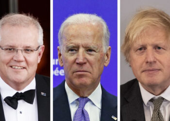 Foto gabungan ini menunjukkan Presiden Amerika Serikat Joe Biden (tengah), Perdana Menteri Inggris Boris Johnson (kanan), dan Perdana Menteri Australia Scott Morrison. (Xinhua)