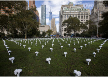 Foto yang diabadikan pada 8 Oktober 2021 ini menunjukkan vas bunga yang diletakkan untuk mengenang para korban aksi kekerasan bersenjata di Battery Park di New York, Amerika Serikat. (Xinhua/Wang Ying)
