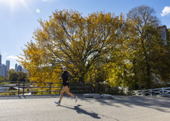 CHICAGO, Seorang wanita berlari di Kebun Binatang Lincoln Park yang dikelilingi oleh dedaunan musim gugur di pusat kota Chicago, Amerika Serikat (AS), pada 2 November 2021. (Xinhua/Joel Lerner)