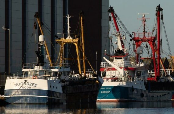 Foto yang diabadikan pada 11 Oktober 2020 ini menunjukkan kapal-kapal nelayan Inggris di Dermaga Shoreham, salah satu pelabuhan yang ditunjuk di Inggris yang dapat melakukan bongkar muatan rencana multitahunan atau stok pemulihan, serta tangkapan spesies laut dalam lebih dari 100 kg, di Shoreham-by-Sea, Inggris. (Xinhua/Tim Ireland)