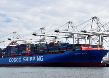 Kontainer-kontainer China COSCO Shipping Corporation Limited terlihat di Pelabuhan Long Beach di Los Angeles County, Amerika Serikat, pada 27 Februari 2019. (Xinhua/Li Ying)