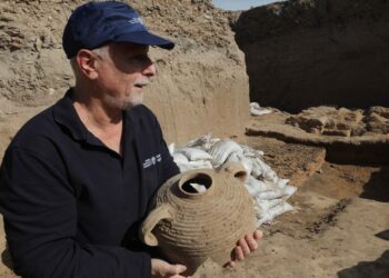 Seorang arkeolog dari Otoritas Kepurbakalaan Israel (Israel Antiquities Authority/IAA) menunjukkan sebuah tembikar di sebuah situs penggalian di Kota Yavne, Israel tengah, pada 29 November 2021. (Xinhua/Gil Cohen Magen)