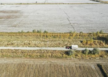 Foto dari udara berikut menunjukkan seorang petani mengendarai traktor untuk mengangkut kapas di wilayah Yuli, Daerah Otonom Uighur Xinjiang, China barat laut, pada 22 Oktober 2021. (Xinhua/Zhao Ge)