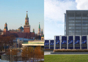 Foto dokumen milik Xinhua ini menunjukkan Kremlin di Moskow (kiri) dan markas besar NATO di Brussel.