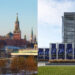 Foto dokumen milik Xinhua ini menunjukkan Kremlin di Moskow (kiri) dan markas besar NATO di Brussel.