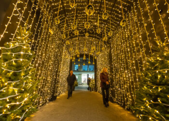 OSIJEK, Orang-orang berjalan melintasi berbagai instalasi cahaya saat Festival Cahaya Kaleidoskop di Osijek, Kroasia, pada 2 Desember 2021. (Xinhua/Pixsell/Davor Javorovic)