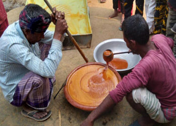 MAGURA, Orang-orang membuat molase dari sari buah kurma di sebuah desa di Magura, Bangladesh, pada 6 Desember 2021. Molase yang terbuat dari kurma merupakan makanan tradisional di Bangladesh. Molase kurma juga menjadi bahan dasar untuk membuat manisan tradisional pada musim dingin. (Xinhua)