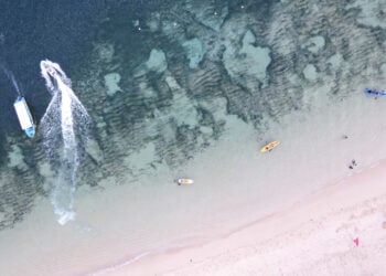 BALI, Foto dari udara yang diabadikan pada 18 Desember 2021 ini menunjukkan Pantai Nusa Dua di Bali. Pulau Bali, destinasi pariwisata yang tersohor di dunia, mencatatkan penurunan jumlah turis internasional yang drastis lantaran pandemi COVID-19. (Xinhua/Xu Qin)