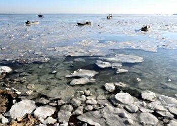 QINGDAO, Foto yang diabadikan pada 27 Desember 2021 ini memperlihatkan gumpalan es yang mengapung di perairan pantai di Qingdao, Provinsi Shandong, China timur. (Xinhua/Yu Fangping)
