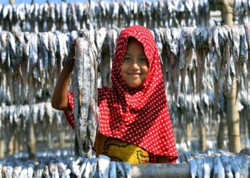 Seorang anak memamerkan ikan yang dikeringkan di sebuah area terbuka di Chattogram, Bangladesh, pada 26 Desember 2021. (Xinhua)