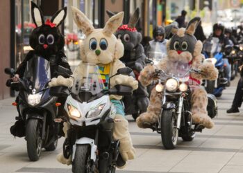 OSIJEK, Orang-orang yang mengenakan kostum kelinci Paskah berpartisipasi dalam parade motor Paskah di Osijek, Kroasia, pada 16 April 2022. (Xinhua/PIXSELL/Dubravka Petric)