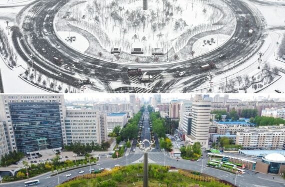 Foto kombinasi yang diabadikan dari udara ini menunjukkan pemandangan sebuah alun-alun di Changchun, Provinsi Jilin, China timur laut, pada 15 Maret 2022 (atas) dan pada 11 Mei 2022. (Xinhua)
