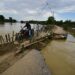 NAGAON, Seorang pengendara sepeda motor melintasi sebuah jembatan darurat dari bambu saat sebagian jalan hanyut akibat banjir menyusul hujan deras di Distrik Nagaon di Negara Bagian Assam, India timur laut, pada 30 Juni 2022. (Xinhua/Str)