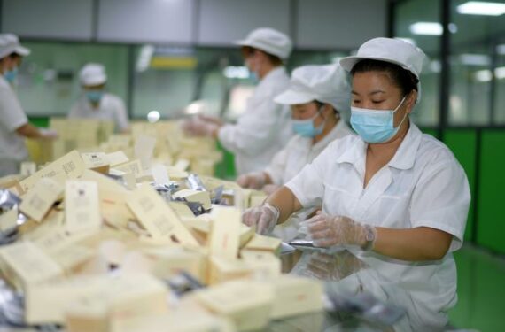 SUIYANG, Sejumlah pekerja mengemas produk teh yang terbuat dari honeysuckle di sebuah pabrik di wilayah Suiyang, Provinsi Guizhou, China barat daya, pada 1 Juli 2022. Pemerintah setempat telah berupaya mengembangkan industri terkait honeysuckle, yang baru-baru ini memasuki musim panen. (Xinhua/Yang Ying)