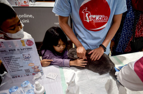 TANGERANG, Seorang anak perempuan menenangkan kucingnya saat dokter hewan melakukan pemeriksaan fisik gratis yang disediakan oleh komunitas pencinta kucing setempat di Tangerang, Provinsi Banten, pada 17 September 2022. (Xinhua/Agung Kuncahya B.)