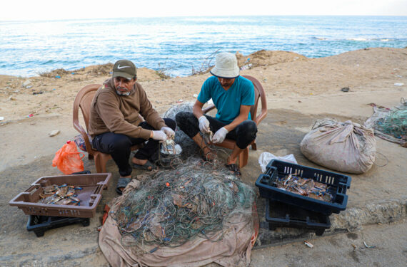 GAZA CITY, Sejumlah nelayan mengeluarkan kepiting dari jaring ikan di Gaza City pada 17 September 2022. Musim penangkapan kepiting di Gaza City berlangsung selama tiga bulan, yakni dari September hingga November. (Xinhua/Rizek Abdeljawad)