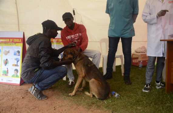 KAMPALA, Seorang pria memegang anjingnya sebelum diberi vaksinasi rabies gratis dalam peringatan Hari Rabies Sedunia di Kampala, Uganda, pada 28 September 2022. (Xinhua/Nicholas Kajoba)