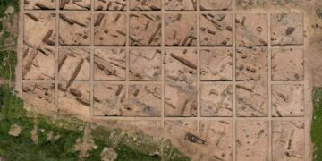 SANGZHI, Foto dokumentasi tak bertanggal ini menunjukkan pemandangan situs peninggalan Guantian dari udara di wilayah Sangzhi, Provinsi Hunan, China tengah. (Xinhua/Institut Penelitian Peninggalan Budaya dan Arkeologi Provinsi Hunan)