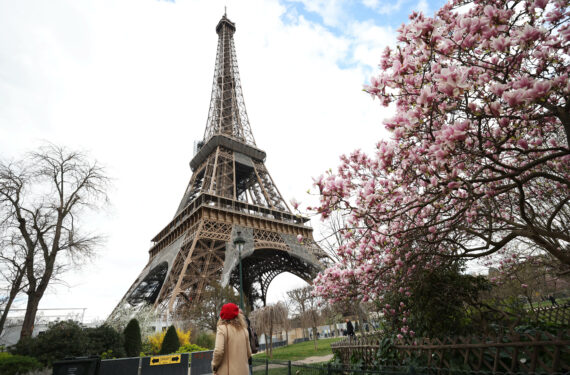 PARIS, Seorang wanita berjalan melewati bunga magnolia yang bermekaran di Champ de Mars di dekat Menara Eiffel di Paris, Prancis, pada 19 Maret 2023. (Xinhua/Gao Jing)