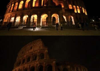 ROMA, Foto kombinasi ini menunjukkan Colosseum sebelum (atas) dan saat acara Earth Hour di Roma, Italia, pada 25 Maret 2023. Earth Hour merupakan gerakan global yang diselenggarakan oleh World Wide Fund for Nature (WWF). Acara yang digelar setiap tahun ini mengajak individu, komunitas, dan bisnis untuk mematikan lampu listrik nonesensial selama satu jam, mulai pukul 20.30 hingga 21.30  pada Sabtu terakhir di bulan Maret, sebagai simbol komitmen terhadap planet ini. (Xinhua/Jin Mamengni)