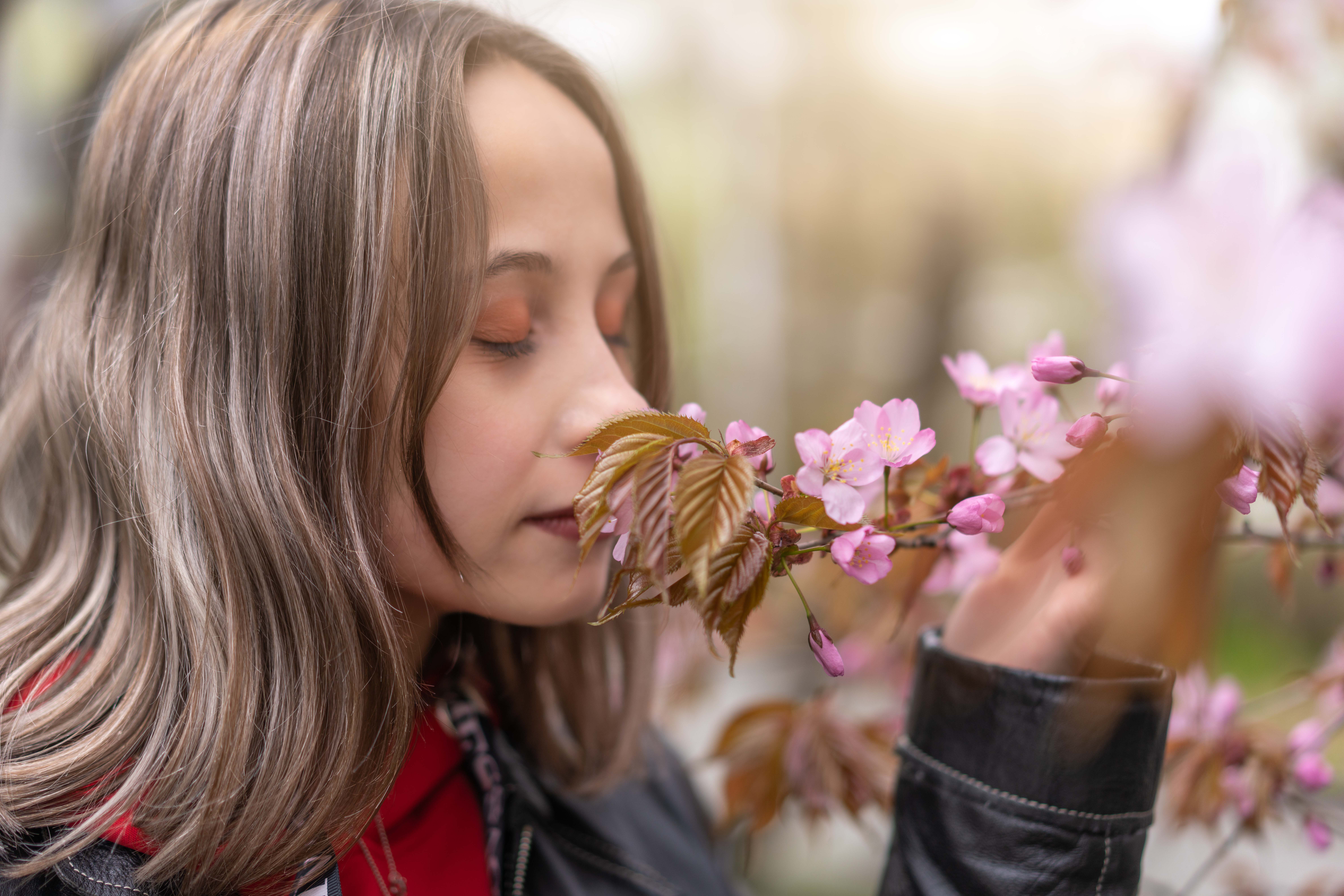 VLADIVOSTOK, Seorang perempuan mencium bunga sakura di sebuah jalan di Vladivostok, Rusia, pada 14 Mei 2023. (Xinhua/Guo Feizhou)